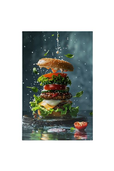 StoryGift Romania Tablou Canvas Asamblarea Unui Delicios Burger Pe Un Platou Rotund Negru Cu Sos De Maioneza Dea