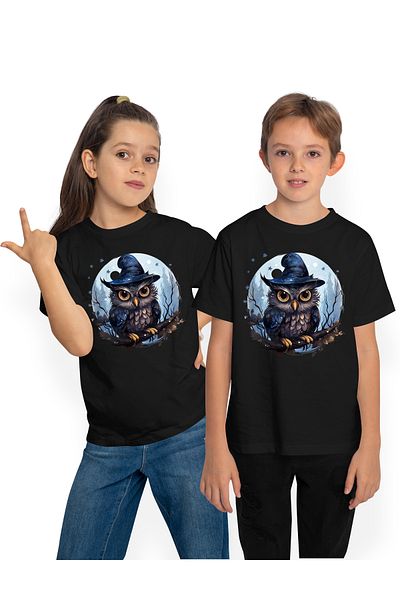 StoryGift Romania Tricou Copii Cu O Bufnita Cu Privire Malefica, Ilustratie, Palarie De Vrajitoare, Luna Pli