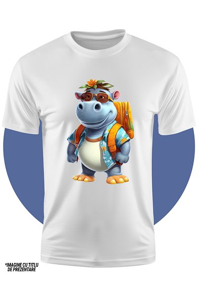 StoryGift Romania Tricou Copii Cu Un Hipopotam Care Pleaca In Vacanta, Ilustratie, Concediu, Excursie, Prega
