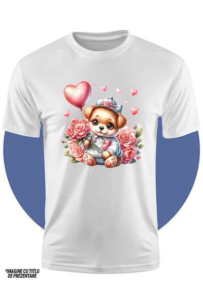 StoryGift Romania Tricou Copii Cu Un Catelus Care Tine Un Buchet Cu Trandafiri, Ilustratie, Balon, Inimioare