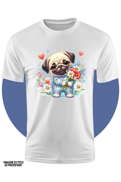StoryGift Romania Tricou Copii cu un catelus Pug care tine un buchet cu flori, ilustratie, inimi, plante, ca