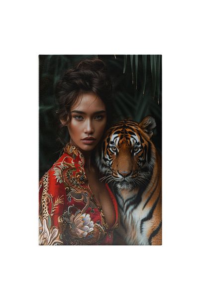 StoryGift Romania Canvas Painting 60 x 40CM Warrior Princess Wearing a Red Dress Next to the Tiger from STG