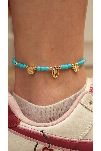 Jerie Gold Sea Themed Turquoise Bead Anklet