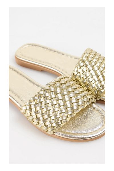 Ayakkabı Delisiyim Stella Gold Gold Χρώμα Πλεκτό Δερμάτινο Comfort Άνετα Γυναικείες Καλοκαιρινές Παντόφλες