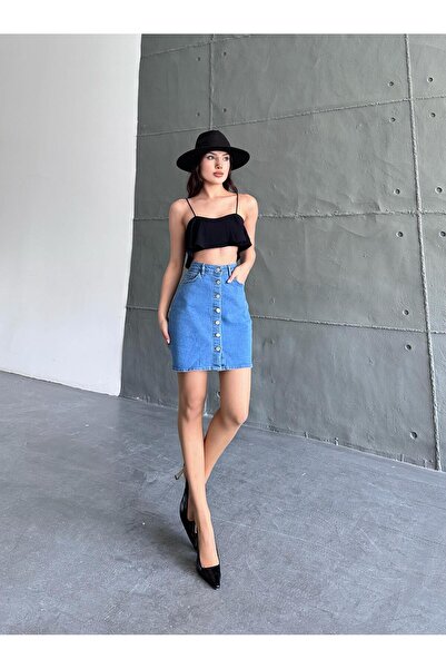 Bluezoni Fusta de denim din Lycra albastru deschis, mini scurtă, cu nasturi în față