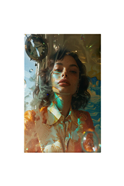 StoryGift Romania Tablou Canvas: Chip De Femeie În Costum Portocaliu Cu Ceas Și Bule De Săpun- Fotografie Artist