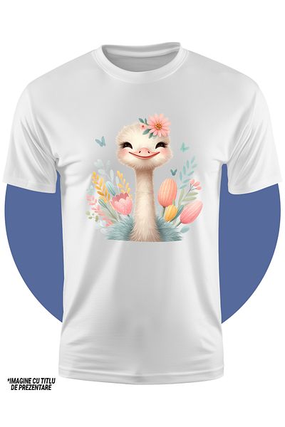 StoryGift Romania Tricou Copii Cu O Pasare Strut, Ilustratie, Africa, Flori, Natura, Plante, Fluturasi, Vese