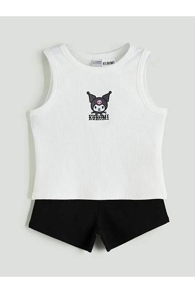 LC Waikiki Lcw Kids White Crew Neck Kuromi Embroidered Girls' Tank Top and Shorts