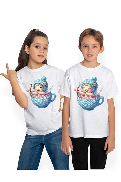 StoryGift Romania Tricou Copii Cu Un Bebelus Cupidon Care Sta Intr-o Ceasca Din Lana, Ilustratie, Trage Cu A
