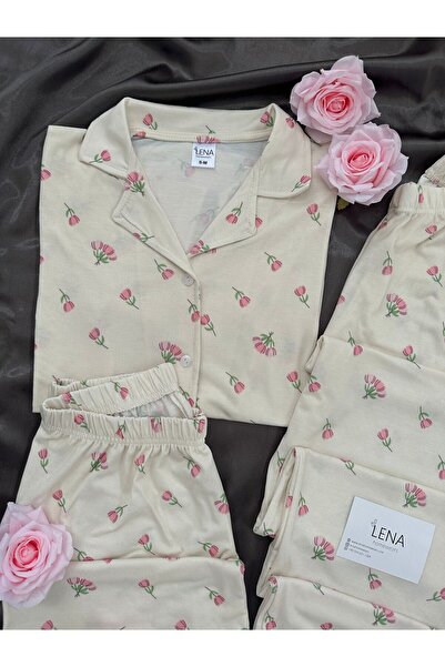 Lena Homewears Kadın Rozaline Lale Desenli 3'lü Şort Uzun Paça Kısa Kollu Pijama Takımı