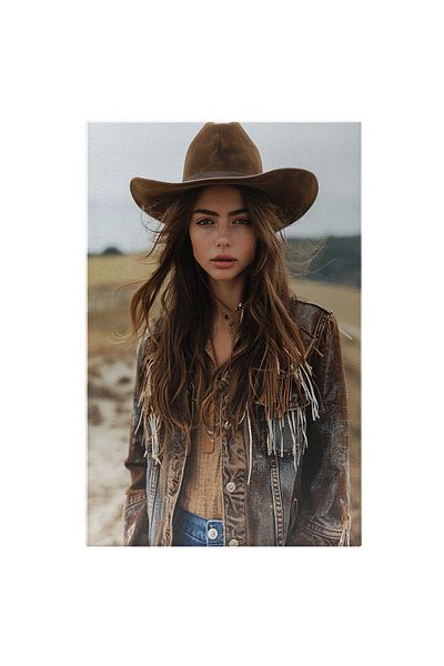StoryGift Romania Tablou Canvas Silueta Fetei Cu Părul Lungi Și Pălărie De Cowboy În Geacă De Blugi Cu Franjuri