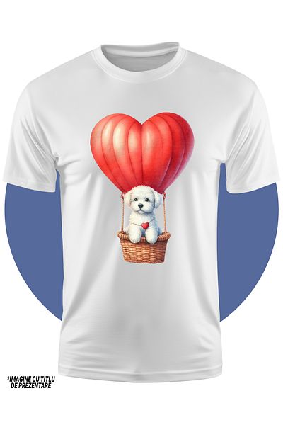 StoryGift Romania Tricou Copii Cu Un Catel Care Zboara Cu Un Balon Cu Aer Cald, Ilustratie, Calatorie, Inimi