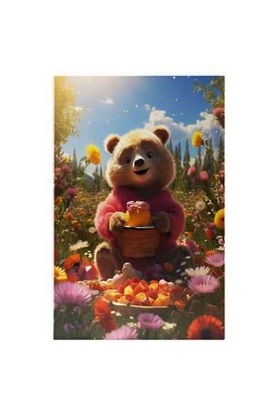 StoryGift Romania Tablou Canvas: Ursuletul In Bluza Roz La Picnic Cu Fructe Dulci Pe Pasunea Linistita Cu Flori