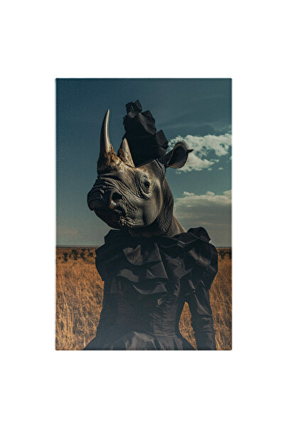 StoryGift Romania Tablou Canvas Doamna Rinocer Cu Palariuta Assortata Cu Rochia Neagra Si Coarne Ascutite Si Och