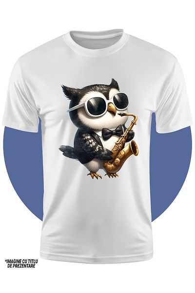 StoryGift Romania Tricou Copii Cu O Bufnita, Ilustratie, Papion, Canta La Saxofon, Ochelari, Muzica, Instrum