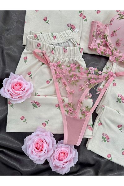 Lena Homewears Women's Rozaline Tulip Patterned 5'Li Underwear Shorts Long Leg Short Sleeve Pajamas Set