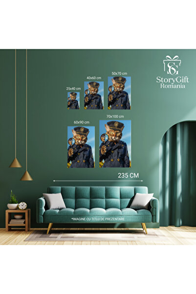 StoryGift Romania Tablou Canvas Detectivul Cu Lupă Descoperirea Pisicii Îmbrăcată În Uniformă Bleumarin , Pictura