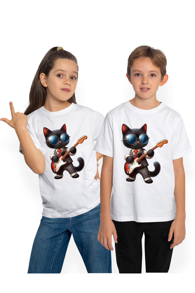 StoryGift Romania Tricou Copii Cu O Pisica Neagra Care Canta La Chitara, Muzi...