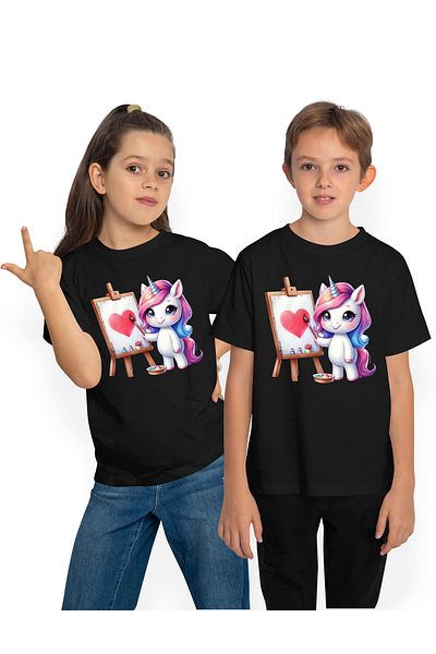 StoryGift Romania Kids T-shirt with a unicorn painting a heart, blushing, love, brush, watercolors, a