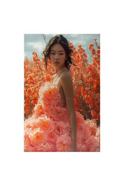 StoryGift Romania Tablou Canvas: Fata Chinezoaica In Rochie Frumoasa Florala In Lanul Plin De Flori Pictura Digi