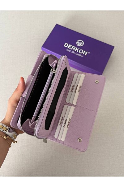 DERKON Portofel de dama model Cerny din piele naturala cu multe suporturi pentru carduri Liliac
