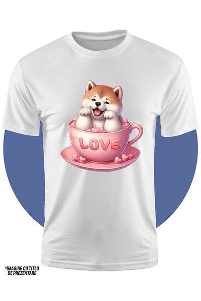 StoryGift Romania Tricou Copii Cu Un Catel Akita Inu Vesel, Ilustratie, Sta Intr-o Ceasca, Mesajul "love", I