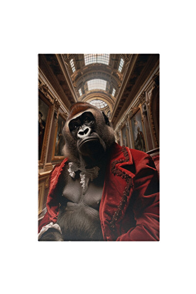 StoryGift Romania Tablou Canvas Marea Gorila Cu Papion Alb In Sacou Rosu Cu Privirea Plictisita Si Ochii Mici Ne