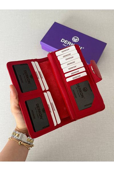 DERKON Genuine Leather Cerny Model Women's Wallet with Plenty of Card Holders Red