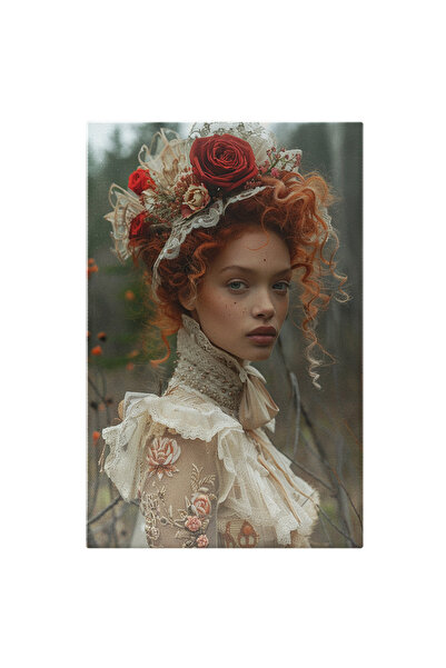 StoryGift Romania Tablou Canvas Roscata Cu Pistrui Si Bentita Cu Trandafiri In Par In Rochie Dantelata Cu Pistru