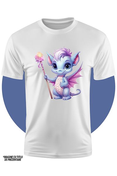 StoryGift Romania Children's T-shirt with a baby dragon holding a staff in its hand, magic, flower, spell, cheerful,