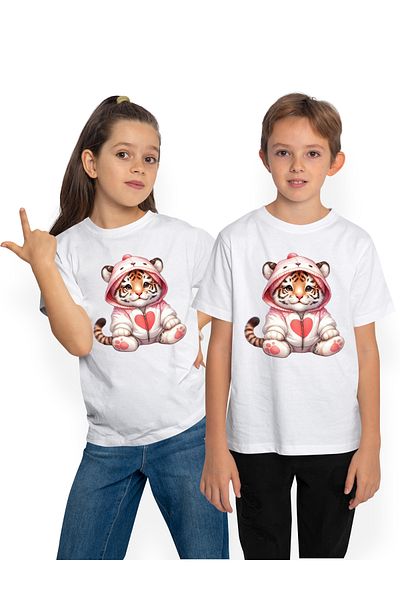 StoryGift Romania Tricou Copii Cu Un Pui De Tigru In Hanorac, Inimioara, Ilustratie, Pentru Copii, Bucurie,