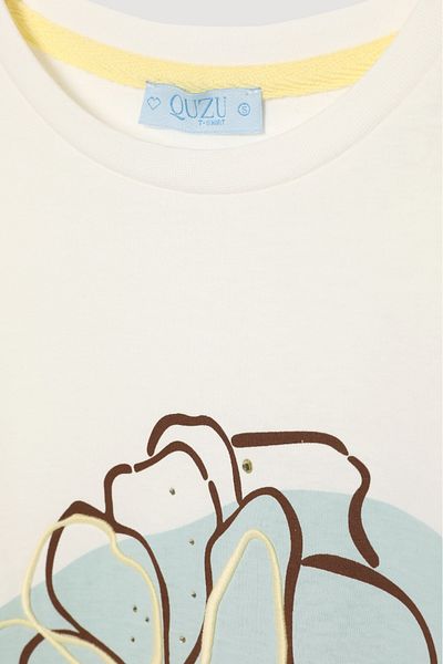 Quzu Floral Embroidered Short Sleeve T-Shirt Ecru