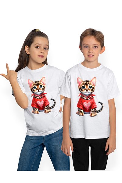 StoryGift Romania Tricou Copii Cu O Pisicuta Care Poarta O Bluza Cu Inimioara, Ilustratie, Jucausa, Pentru I