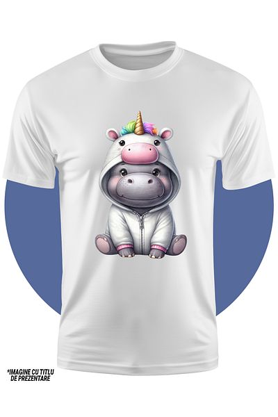 StoryGift Romania Tricou Copii Cu Un Hipopotam Intr-un Costum De Unicorn, Ilustratie, Vesel, Jucaus, Copii
