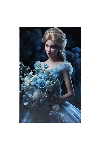 StoryGift Romania Tablou Canvas: Beautiful Girl Cu Parul Blond Si Ochii Luminati In Rochie Albastra Cu Buchet De