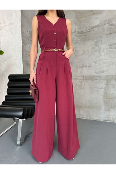 Elif Özbey Butik Burgundy Knitted Belted Linen Jumpsuit