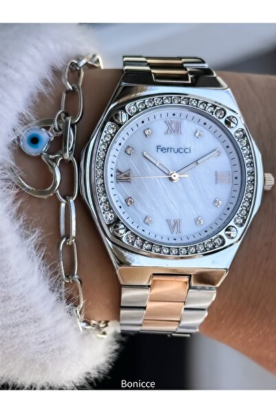 Ferrucci Marka Çelik Kordon 2 Yıl Garantili Su Geçirmez Taşlı Gümüş Renk Kadın Kol Saati+bileklik