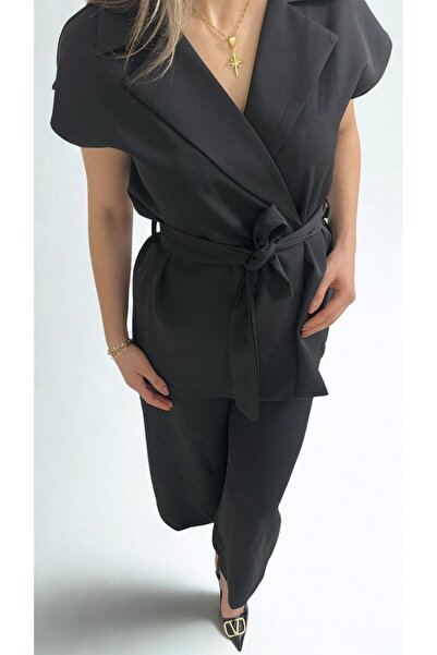 Viskosa Costum negru cu curea pentru femei - Set de două piese cu jachetă și ...