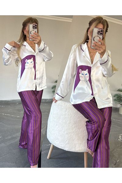 SATTENS Set de pijamale din satin pentru femei, cu imprimeu drăguț de pisici