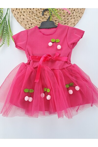 Butik Kız Bebek / Çocuk Tüllü Elbise Kirazlı Elbise Bayramlık Elbise Hediyeli...