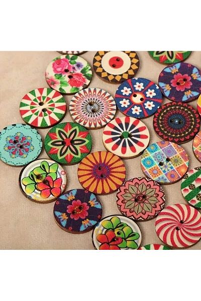 Beyna Wooden Painted Flowers 2.5 cm Two Holes Mixed Color Button 1 Pack 8 Pieces