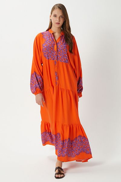 Ritnice Modest Women's Leona 100% Viscose Maxi Length Orange Layered Balloon Sleeve Long Summer Dress