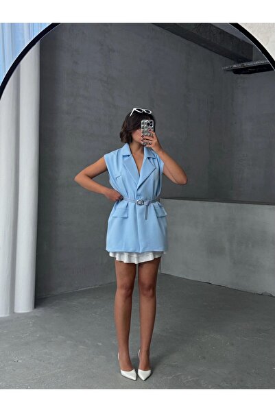 asyadabutik Γυναικείο γιλέκο μπλέιζερ υπερμεγέθους ποιότητας με ζώνη