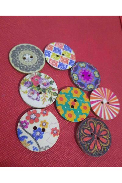 Beyna Wooden Painted Flowers 2.5 cm Two Holes Mixed Color Button 1 Pack 8 Pieces