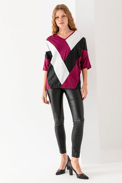 EtkiModa Bluză cu mânecă liliac cu mânecă liliac, cu decupaj lat, din piele, cu model, în față, prune neagră