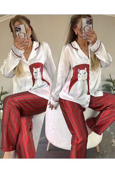 SATTENS Set de pijamale din satin pentru femei, cu imprimeu drăguț de pisici