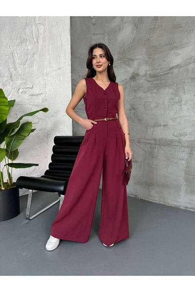 Elif Özbey Butik Burgundy Knitted Belted Linen Jumpsuit