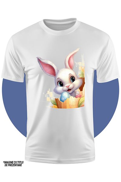 StoryGift Romania Tricou Copii Cu Un Iepuras Alb, Ilustratie, Oua Vopsite, Sarbatori Pascale, Frunze, Natura