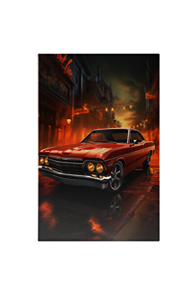 StoryGift Romania Tablou Canvas: Masina Vintige Rosie Oras In Flacari Noapte ...