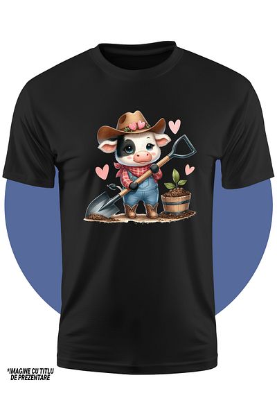 StoryGift Romania Tricou Copii Cu O Vacuta Care Sapa, Ilustratie, Harnica, Ferma, Muncile Campului, Munceste